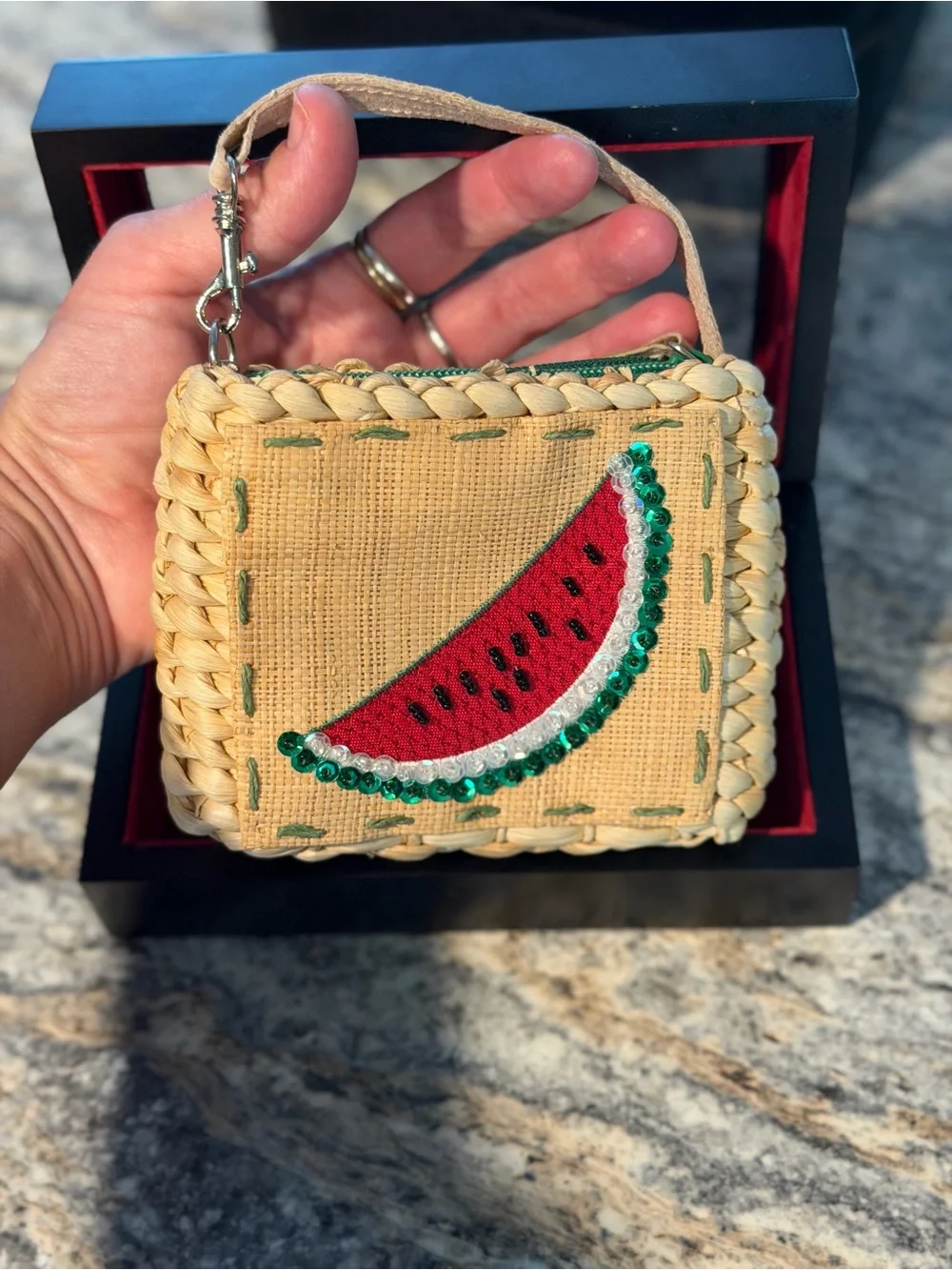 Straw Wristlet with beaded and sequin Watermelon Embroidery - Natural